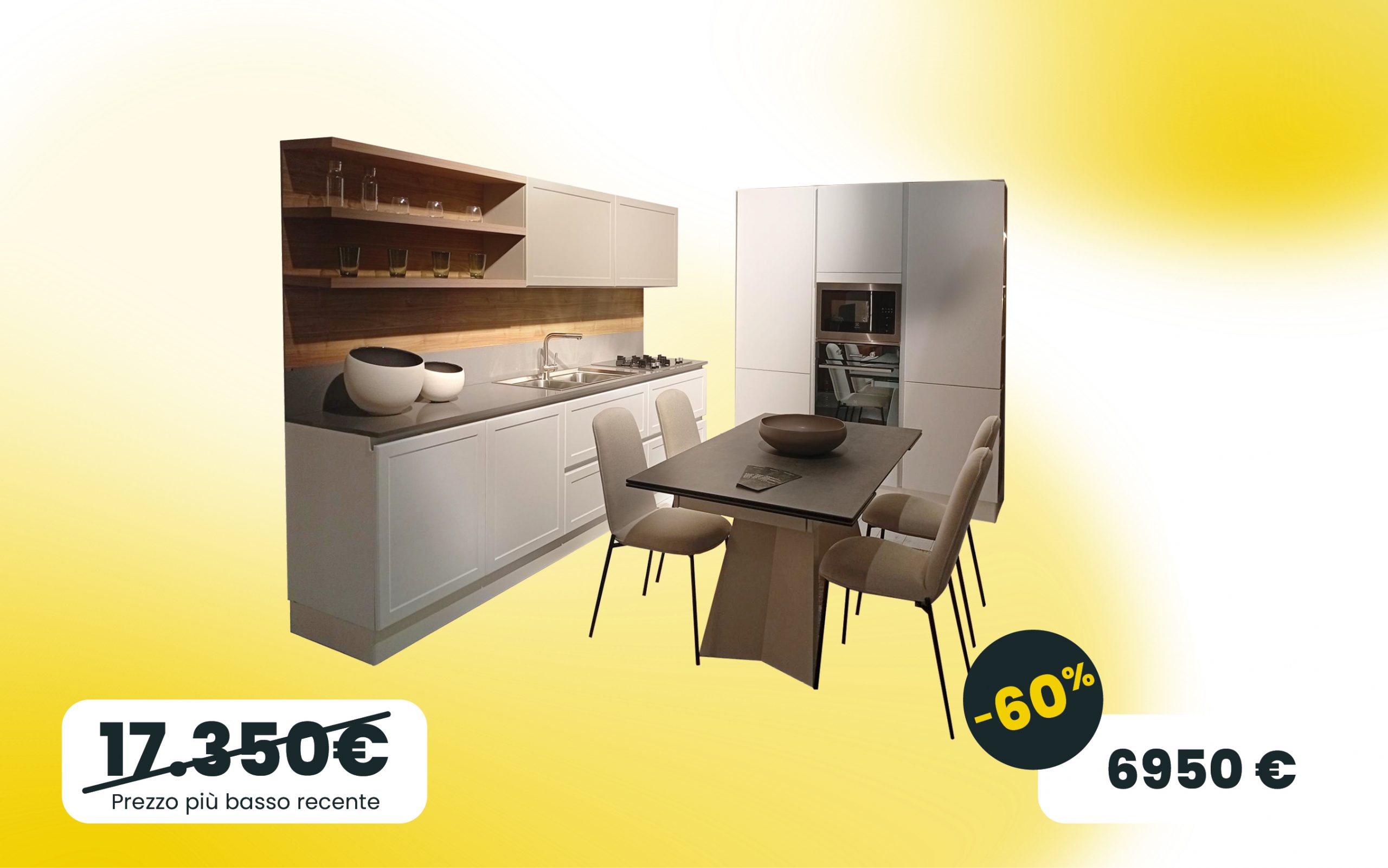 Cucina due lati lati on anta telaio in PET in bianco con colonne e parte lineare con pensili